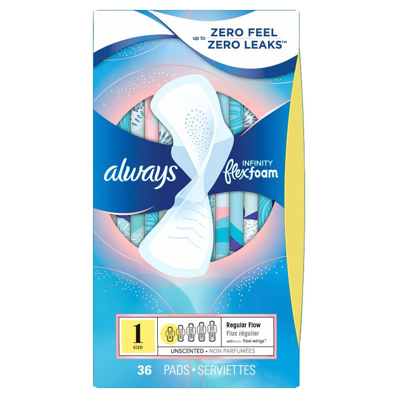 slide 12 of 13, Always Infinity Regular Absorbency FlexFoam Pads for Women - Unscented - Size 1 - 36ct, 1 x 36 ct