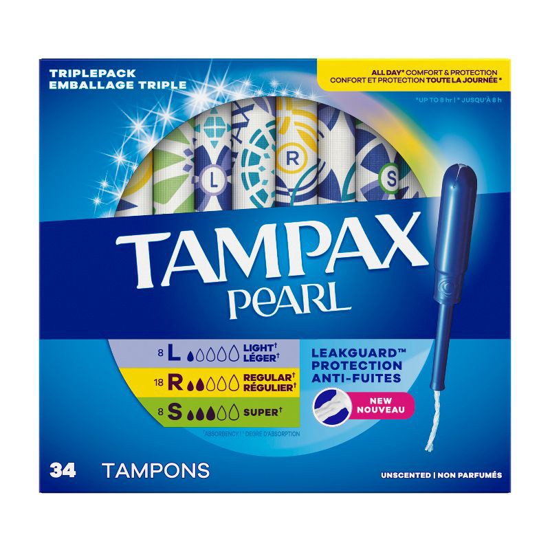 slide 2 of 12, Tampax Pearl Tampons Trio Pack with Plastic Applicator and LeakGuard Braid - Light/Regular/Super Absorbency - Unscented - 34ct, 34 ct