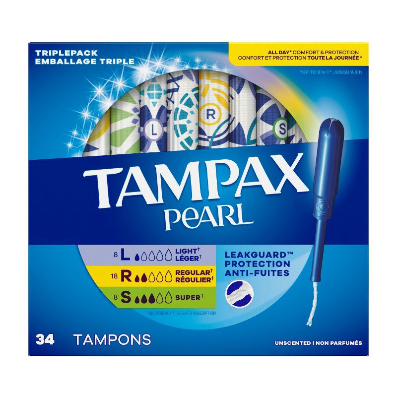 slide 14 of 14, Tampax Pearl Tampons Trio Pack with Plastic Applicator and LeakGuard Braid - Light/Regular/Super Absorbency - Unscented - 34ct, 34 ct
