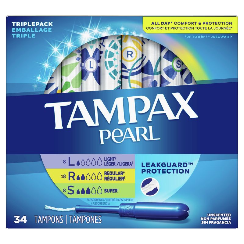 slide 10 of 10, Tampax Pearl Tampons Trio Pack with Plastic Applicator and LeakGuard Braid - Light/Regular/Super Absorbency - Unscented - 34ct, 34 ct