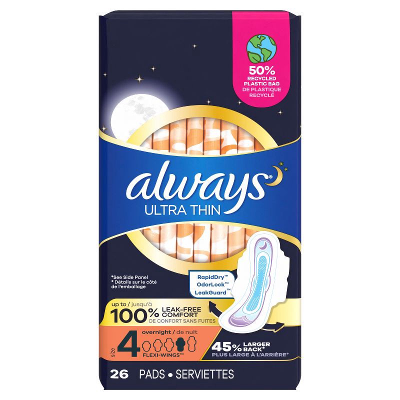 slide 2 of 9, Always Ultra Thin Overnight Pads with Wings Unscented - Size 4 - 26ct, 26 ct