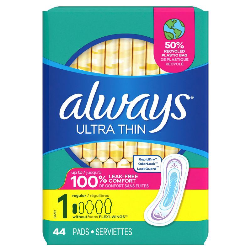 slide 2 of 9, Always Ultra Thin Pads Size 1 Regular Absorbency Unscented - 44ct, 44 ct