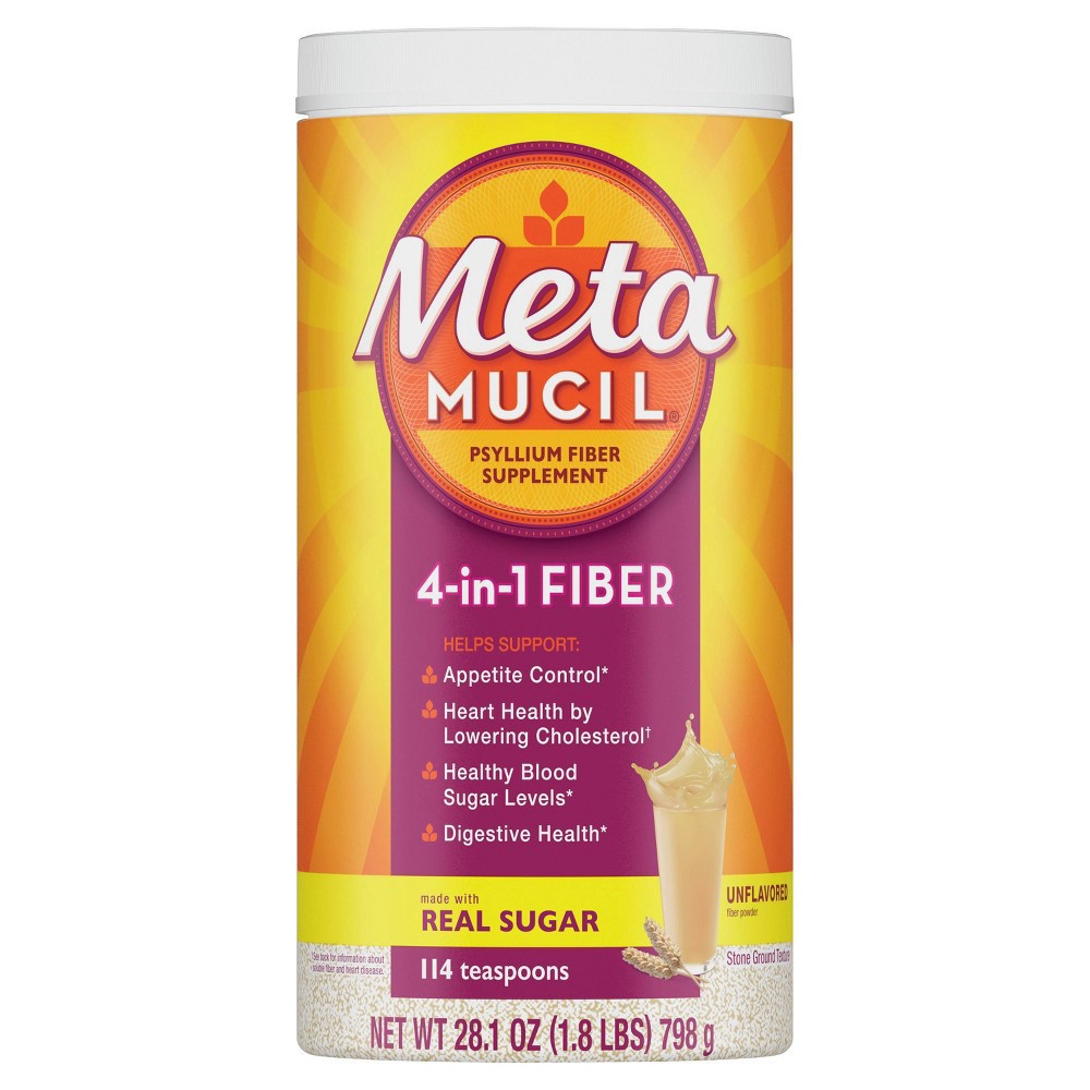 slide 8 of 10, Metamucil Daily Psyllium Husk Powder Supplement with Real Sugar, 4-in-1 Fiber for Digestive Health - Orange Smooth Flavored - 28.1oz, 28 oz