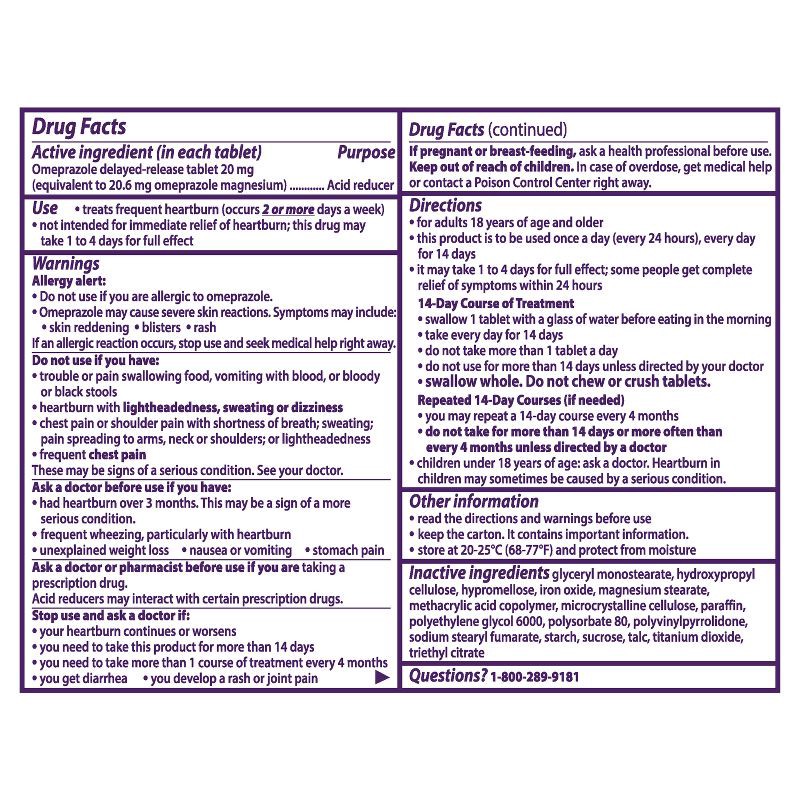 slide 9 of 9, Prilosec OTC Omeprazole 20mg Delayed-Release Acid Reducer for Frequent Heartburn Tablets - 14ct, 14 ct; 20 mg