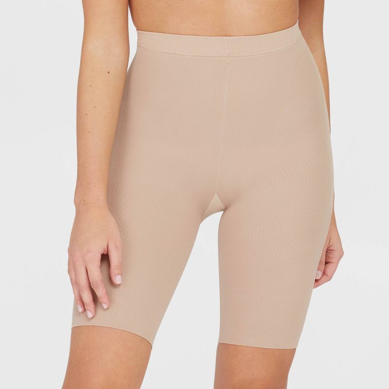slide 1 of 5, ASSETS by SPANX Women's Mid-Thigh Shaper - Tan 5: Medium Control, Tummy & Thigh Slimming, Pull-On Style, 1 ct