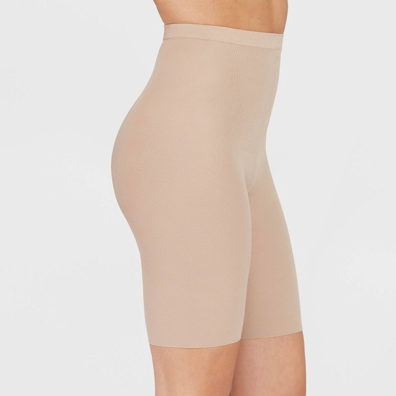 slide 2 of 5, ASSETS by SPANX Women's Mid-Thigh Shaper - Tan 2: Medium Control, Tummy & Hip Slimming, Nylon & Spandex, Hand Wash, 1 ct