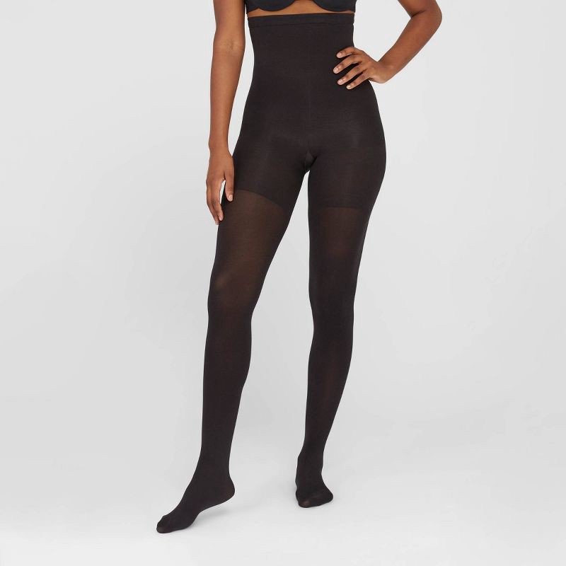 slide 1 of 3, ASSETS by SPANX Women's High-Waist Shaping Tights - Black 1: Opaque Control Top Hosiery, Tummy & Thigh Slimming, Knit Fabric, 1 ct
