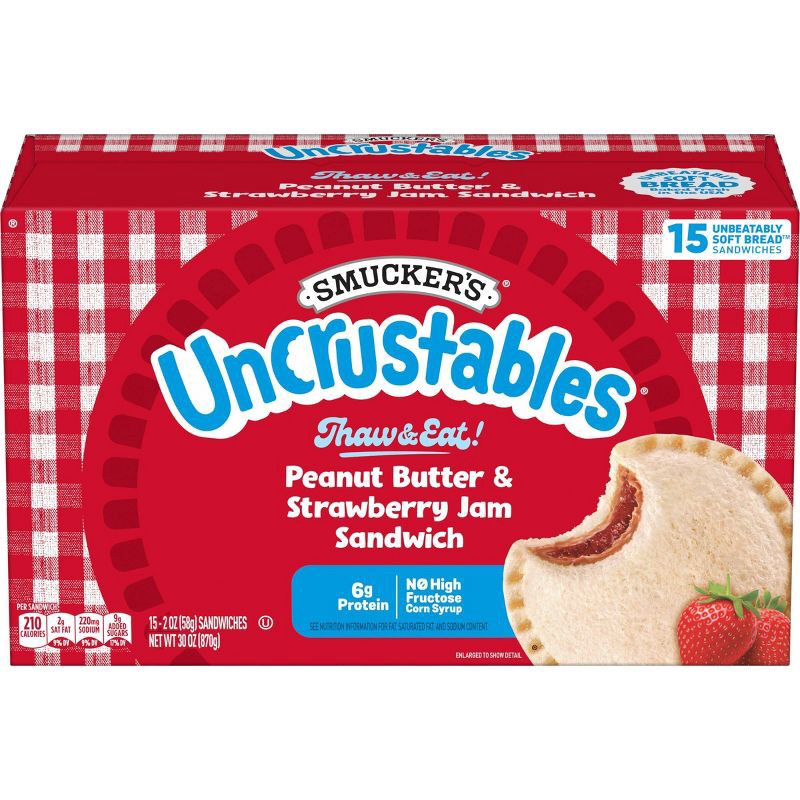 slide 1 of 9, Smucker's Uncrustables Frozen Peanut Butter & Strawberry Jam Sandwich- 30oz/15ct, 30 oz, 15 ct