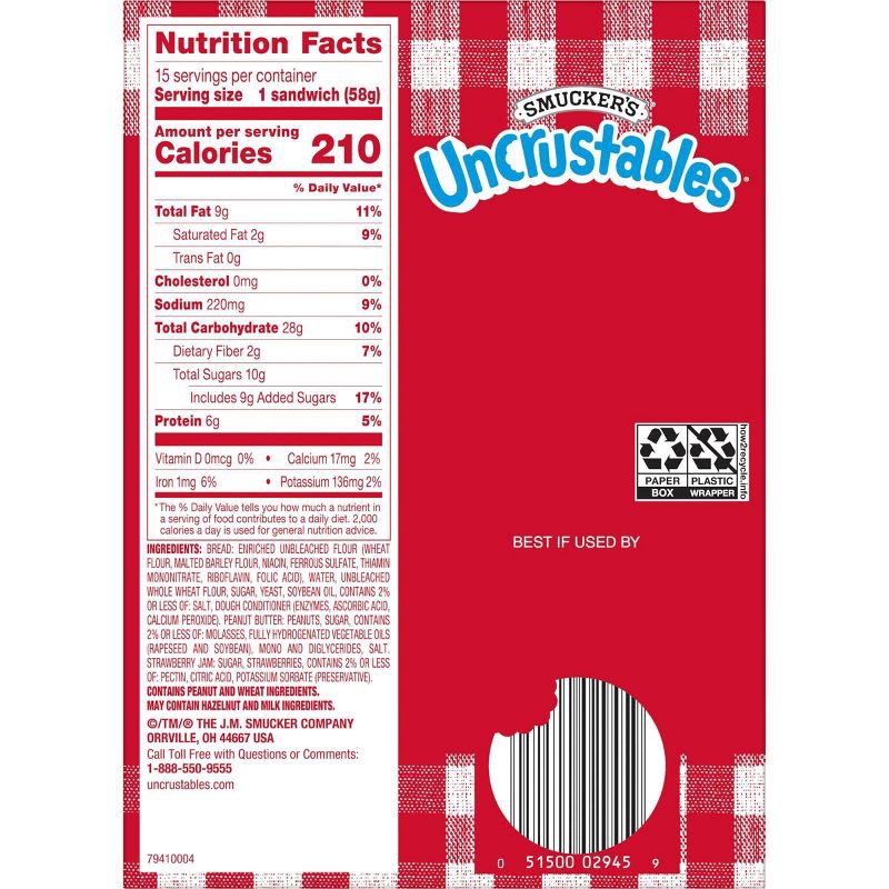 slide 7 of 10, Smucker's Uncrustables Frozen Peanut Butter & Strawberry Jam Sandwich- 30oz/15ct, 30 oz, 15 ct