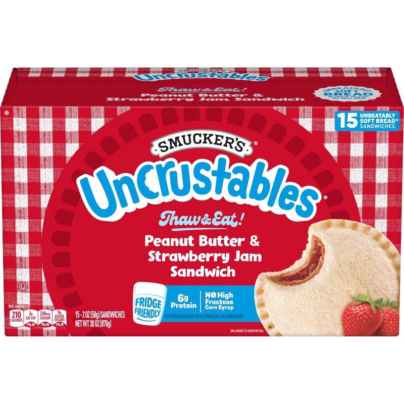 slide 1 of 7, Smucker's Uncrustables Frozen Peanut Butter & Strawberry Jam Sandwich- 30oz/15ct, 30 oz, 15 ct