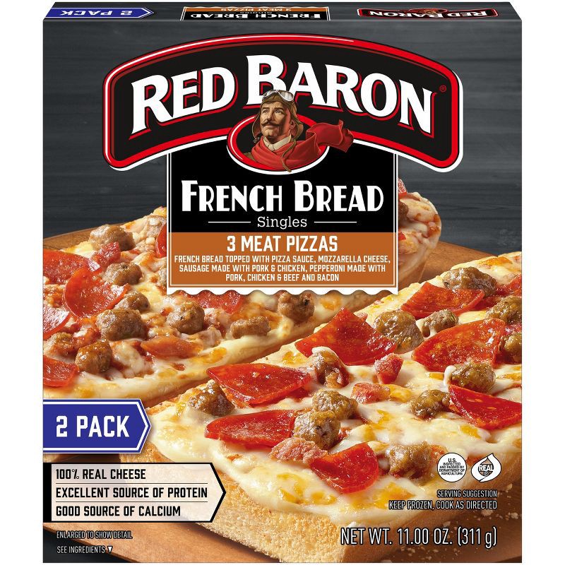 slide 1 of 9, Red Baron Three Meat French Bread Personal Frozen Pizza - 11oz, 11 oz