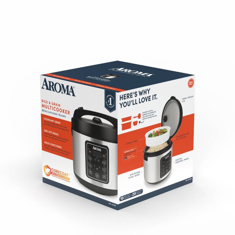 slide 5 of 10, Aroma 20 Cup Digital Multicooker & Rice Cooker - Stainless Steel: 5 Settings, Automatic Keep Warm, Nonstick, 700W, 1 ct