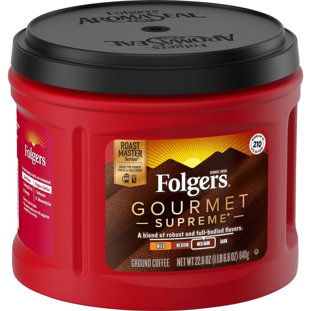 slide 3 of 7, Folgers Gourmet Supreme Dark Roast Ground Coffee, 24.2 oz