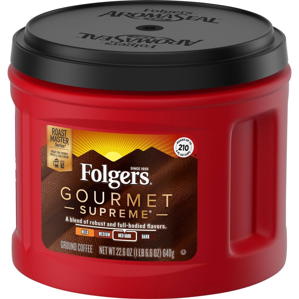 slide 4 of 7, Folgers Gourmet Supreme Dark Roast Ground Coffee, 24.2 oz