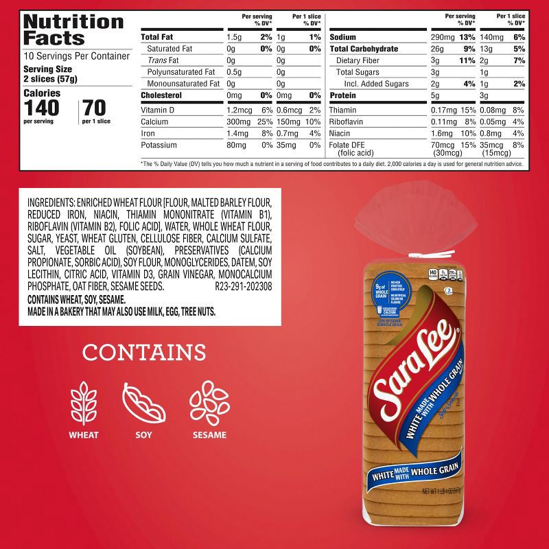 slide 6 of 10, Sara Lee Whole Grain Soft White Bread - 20oz, 20 oz