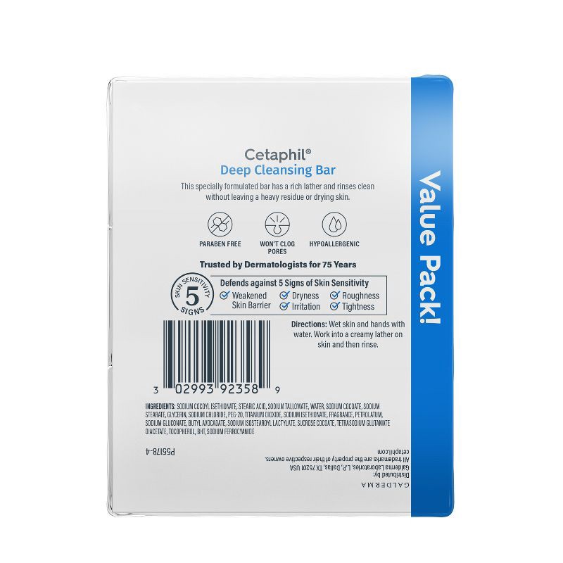 slide 6 of 10, Cetaphil Deep Cleansing Skin Bar Soap - 3pk - 4.5oz each, 3 ct; 4.5 oz