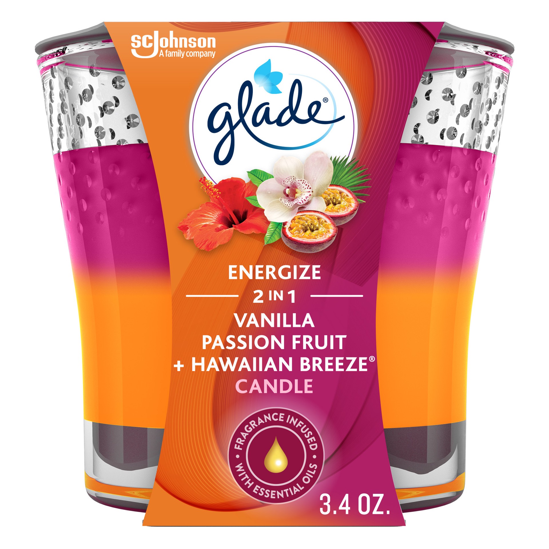 slide 5 of 5, Glade Scented Candle Jar, Vanilla Passion Fruit & Hawaiian Breeze 2-in-1, Fragrance Infused with Essential Oils, 3.4 oz, 3.4 oz