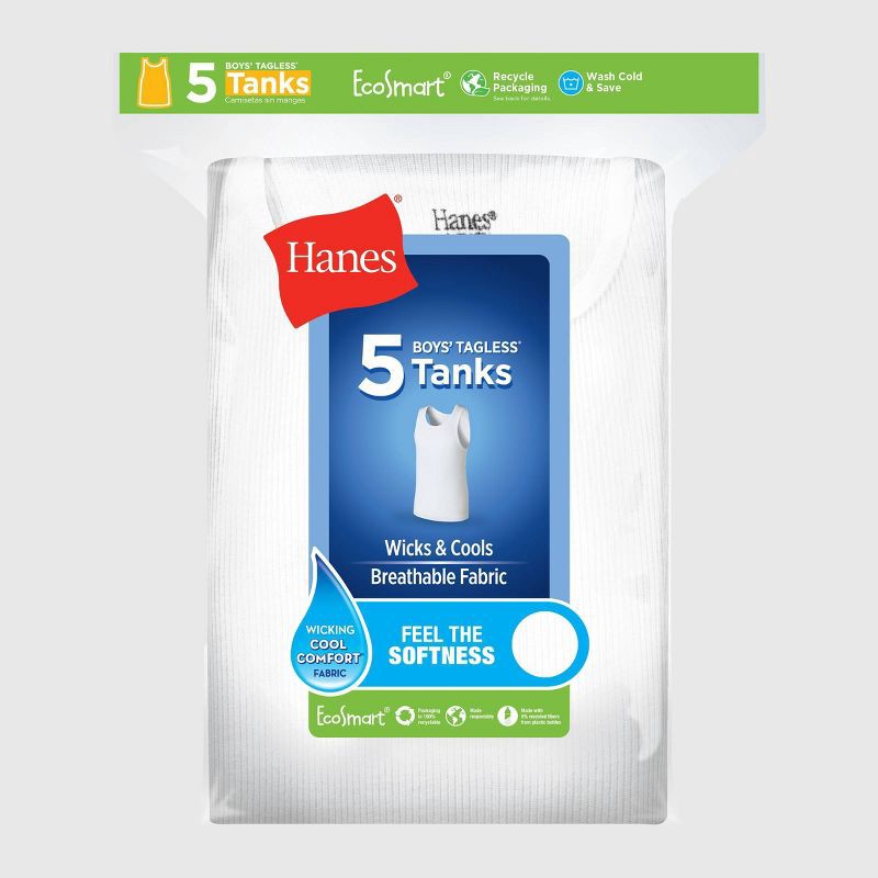 slide 2 of 5, Hanes Boys' Solid 5pk Ribbed Tank - White L: Tagless, Moisture Wicking, Lightweight Fabric, 5 ct