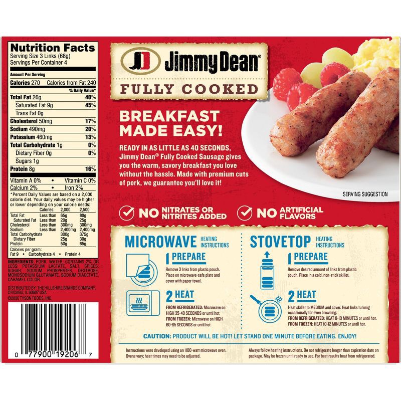 slide 2 of 8, Jimmy Dean Original Fully Cooked Pork Sausage Links - 9.6oz/12ct, 12 ct; 9.6 oz