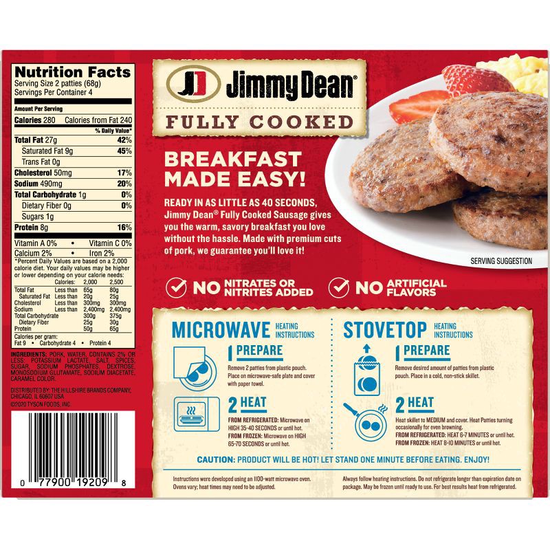 slide 2 of 8, Jimmy Dean Original Fully Cooked Pork Sausage Patties - 9.6oz/8ct, 8 ct; 9.6 oz