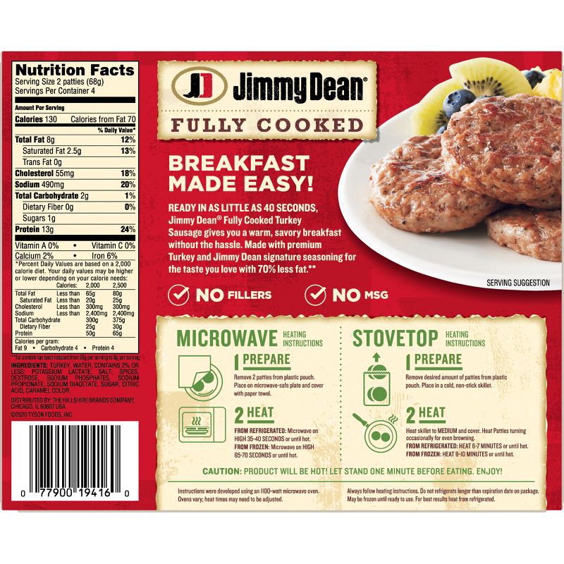 slide 2 of 8, Jimmy Dean Fully Cooked Turkey Sausage Patties - 9.6oz/8ct, 8 ct; 9.6 oz