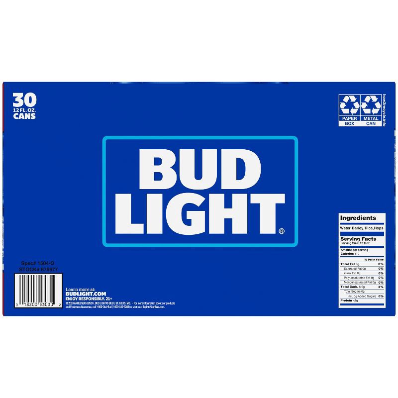 slide 7 of 8, Bud Light Beer - 30pk/12 fl oz Cans, 30 ct; 12 fl oz