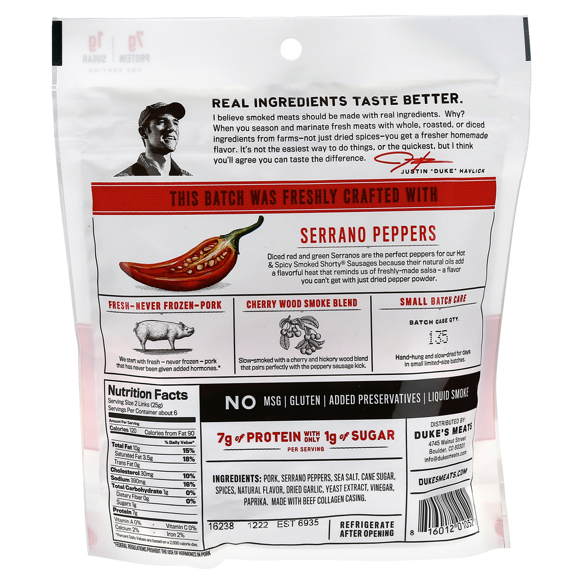 slide 2 of 2, Duke's Pork Hot & Spicy Smoked Shorty Sausages, 7g Protein Per Serving, 5 oz., 5 oz