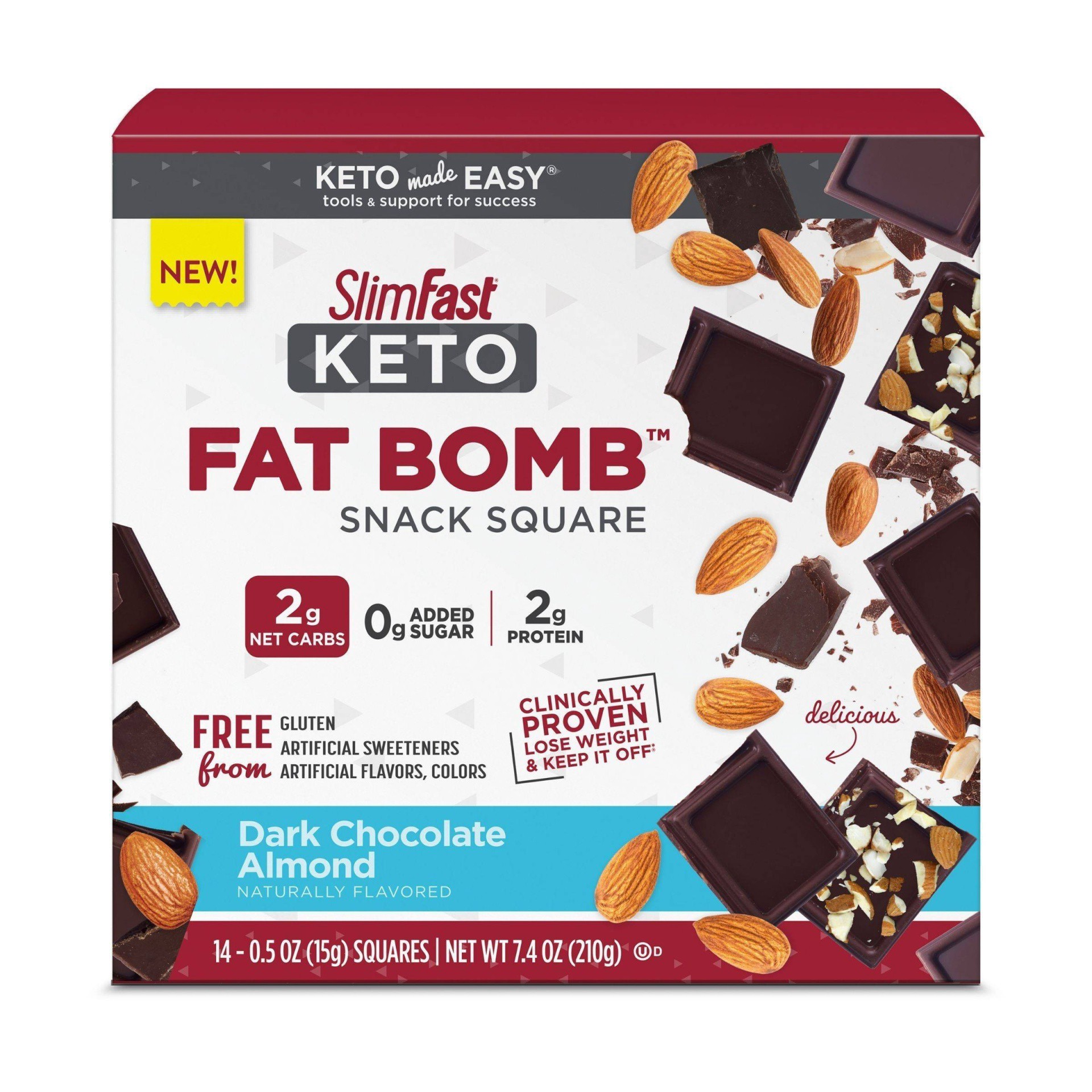 slide 1 of 3, SlimFast Keto Fat Bomb Snack Square Dark Almond Chocolate Squares, 14 ct