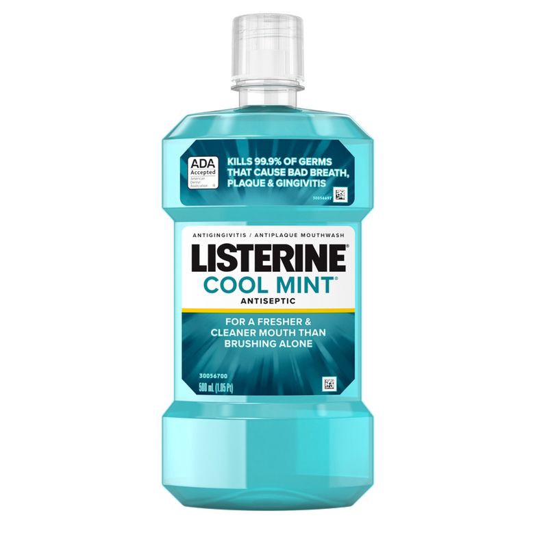 slide 1 of 15, Listerine Antiseptic Mouthwash for Bad Breath and Plaque Cool Mint - 500ml, 500 ml