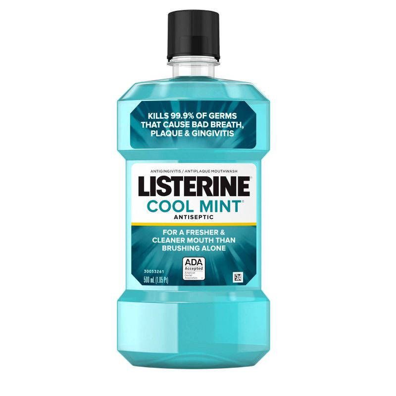 slide 1 of 15, Listerine Antiseptic Mouthwash for Bad Breath and Plaque Cool Mint - 500ml, 500 ml