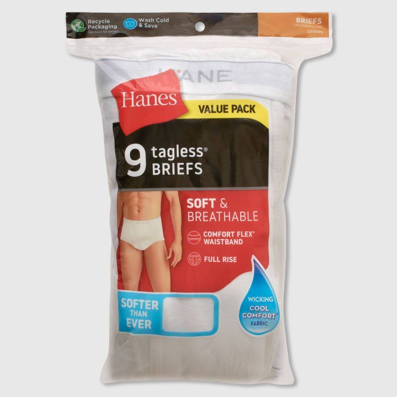 slide 5 of 7, Hanes Men's 9pk Briefs - White S: Tagless, High Rise, Full Waistband Elastic, Breathable, Moisture Wicking, Machine Washable, 9 ct