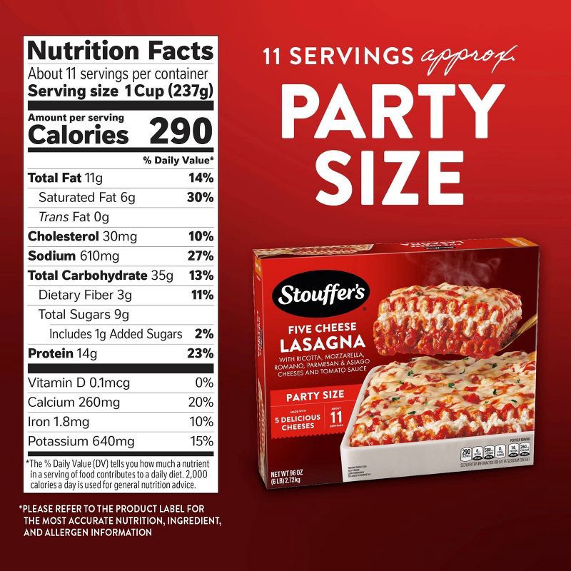 slide 6 of 10, Stouffer's Five Cheese Lasagna Party Size Frozen Dinner - 96oz, 96 oz