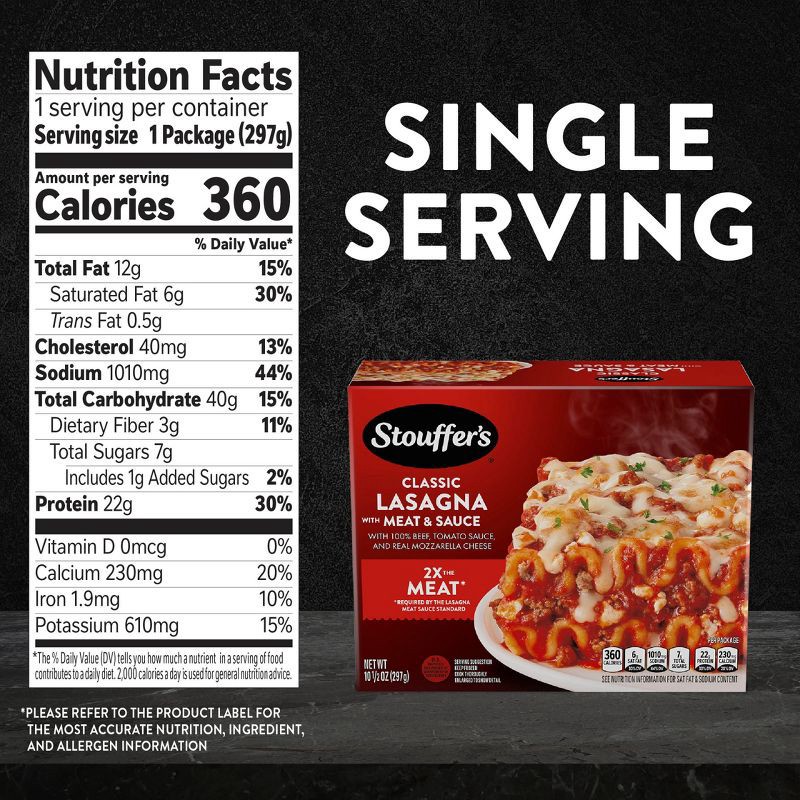 slide 7 of 8, Stouffer's Frozen Lasagna Meal with Meat & Sauce Frozen Dinner - 10.5oz, 10.5 oz