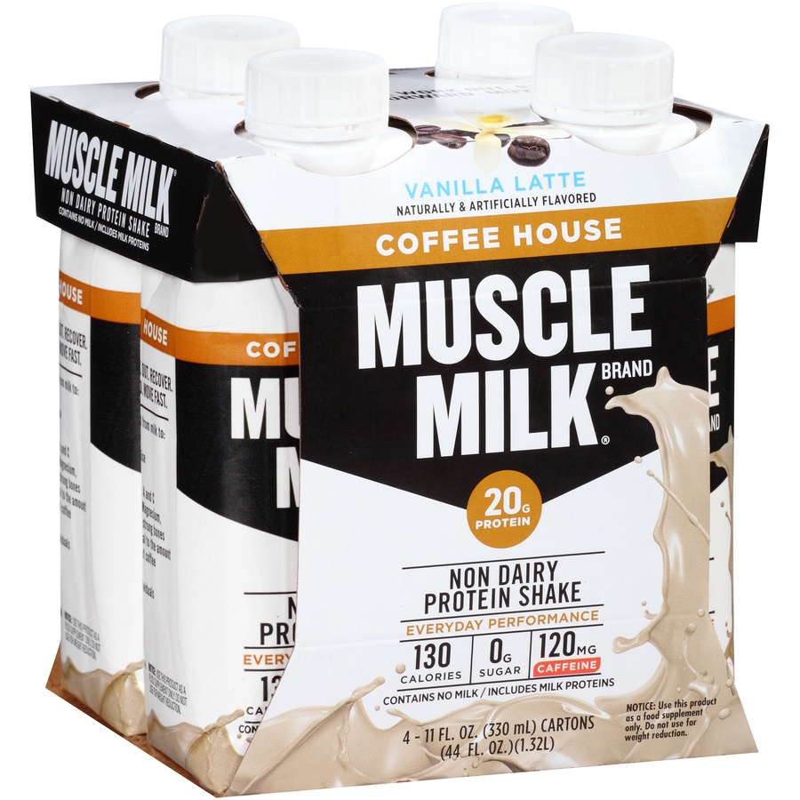 slide 2 of 8, Muscle Milk Coffee House Vanilla Latte Non Dairy Protein Shake, 4 ct; 11 fl oz