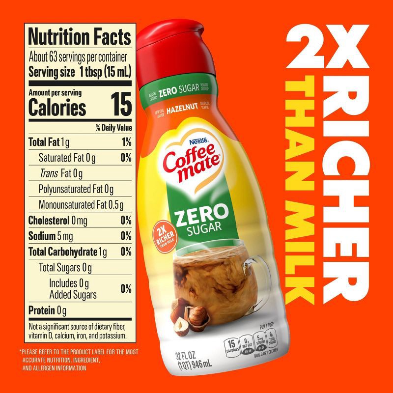 slide 7 of 12, Coffee mate Zero Sugar Hazelnut Coffee Creamer - 32 fl oz (1qt), 32 fl oz, 1 qt