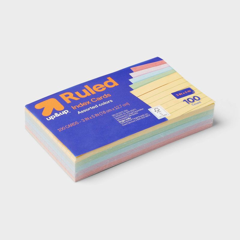 slide 3 of 3, 100ct 3" x 5" Ruled Index Cards Multicolor - up&up™: Note Cards, Flashcards, Uncoated Paper, Wide Rule, 110 Weight, 100 ct