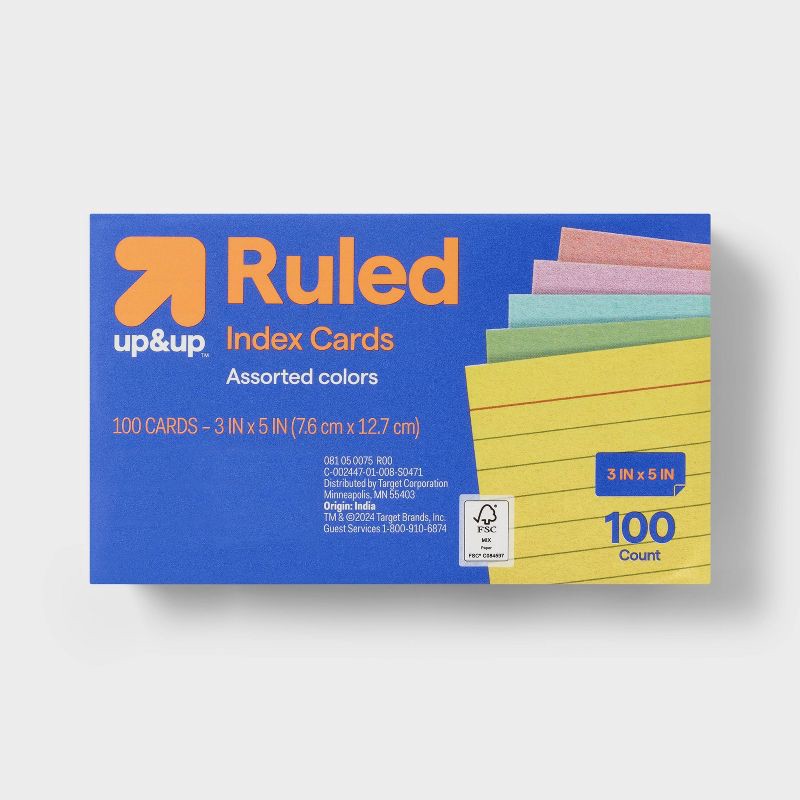 slide 1 of 3, 100ct 3" x 5" Ruled Index Cards Multicolor - up&up™: Note Cards, Flashcards, Uncoated Paper, Wide Rule, 110 Weight, 100 ct