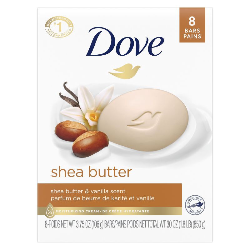 slide 2 of 9, Dove Beauty Purely Pampering Shea Butter with Warm Vanilla Beauty Bar Soap - 8pk - 3.75oz each, 8 ct, 3.75 oz