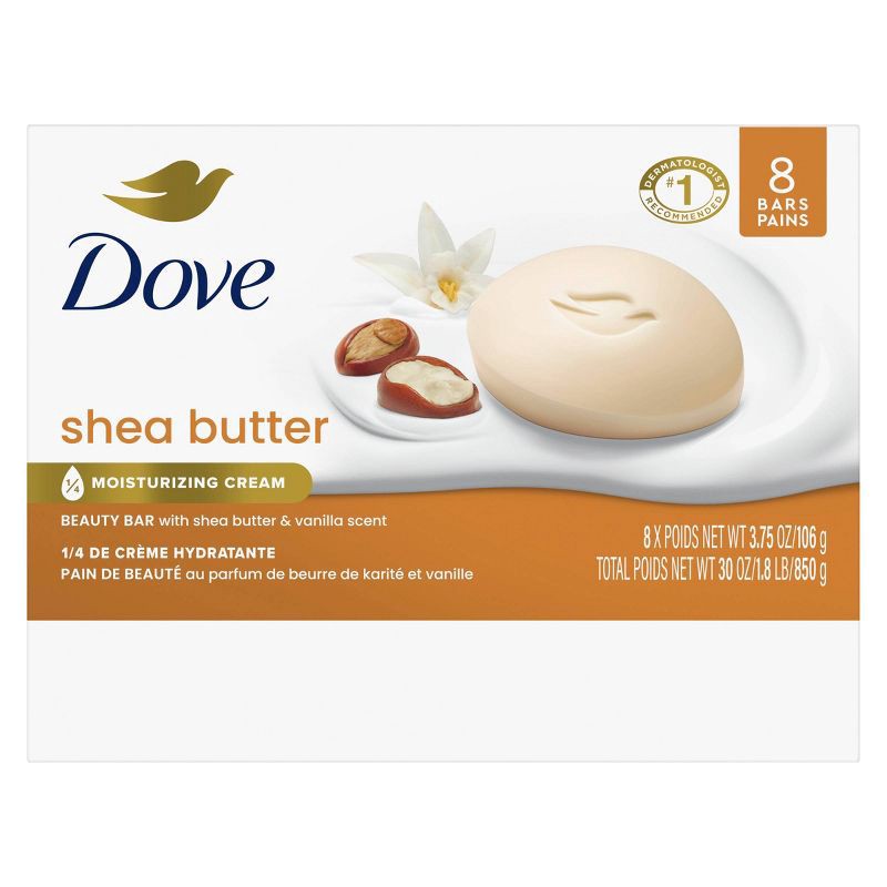 slide 1 of 9, Dove Beauty Purely Pampering Shea Butter with Warm Vanilla Beauty Bar Soap - 8pk - 3.75oz each, 8 ct, 3.75 oz