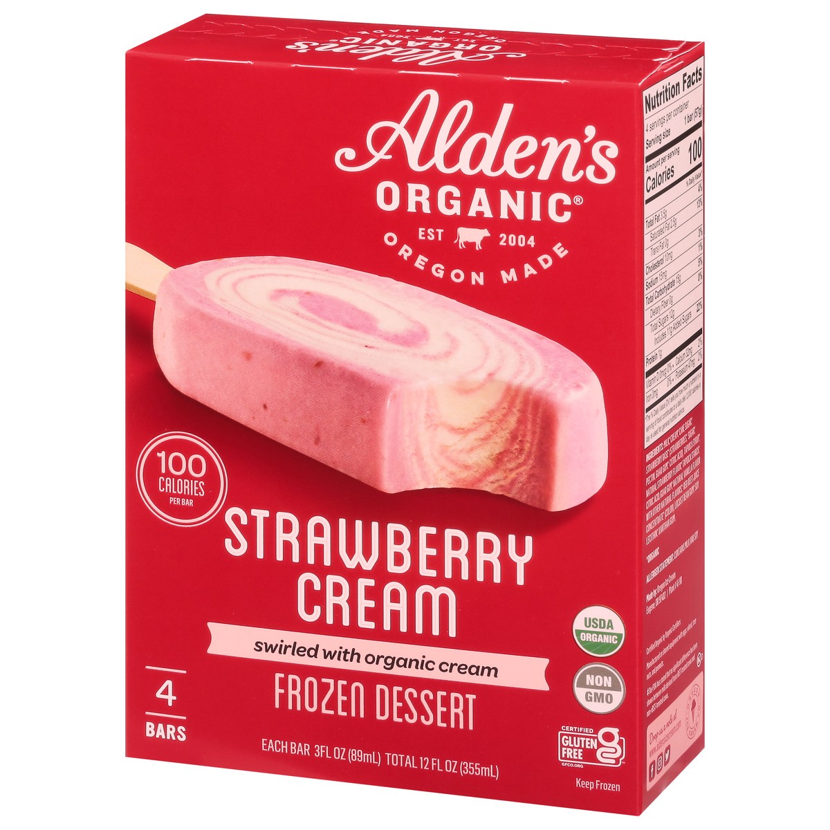 slide 8 of 9, Alden's Organic Strawberry Cream Frozen Dessert 4 Bars 3 fl oz Packed, Unspecified 4 ea, 4 ct