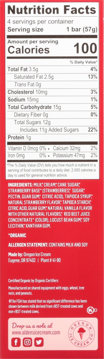 slide 7 of 9, Alden's Organic Strawberry Cream Frozen Dessert 4 Bars 3 fl oz Packed, Unspecified 4 ea, 4 ct