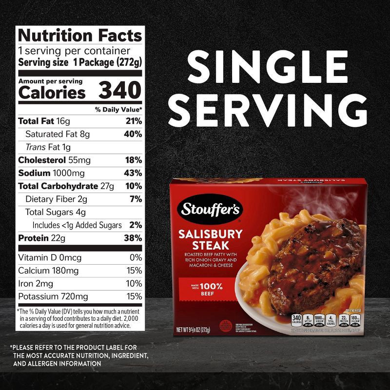 slide 7 of 8, Stouffer's Salisbury Steak with Mac and Cheese Dinner Frozen Meal - 9.625oz, 9.625 oz