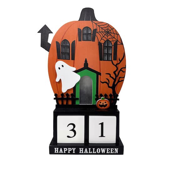slide 1 of 3, 9.75" Lighted Pumpkin House Halloween Countdown Tabletop Decor By Ashland, 9.75 in