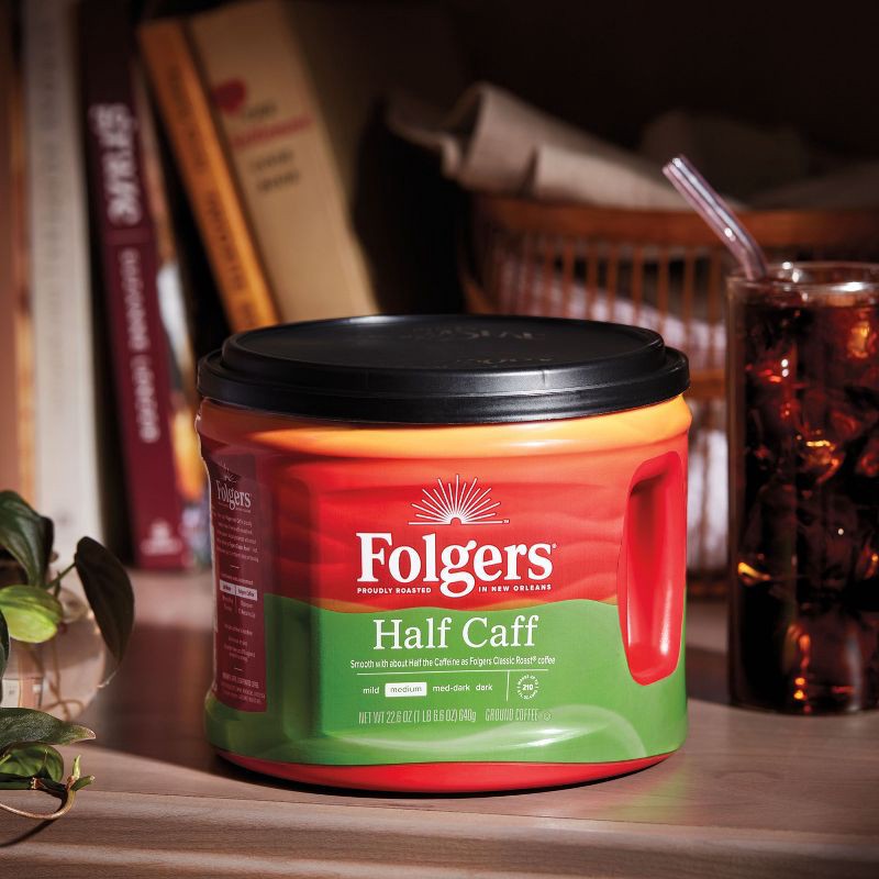 slide 2 of 7, Folgers Half Caff Medium Roast Ground Coffee - 22.6oz, 22.6 oz