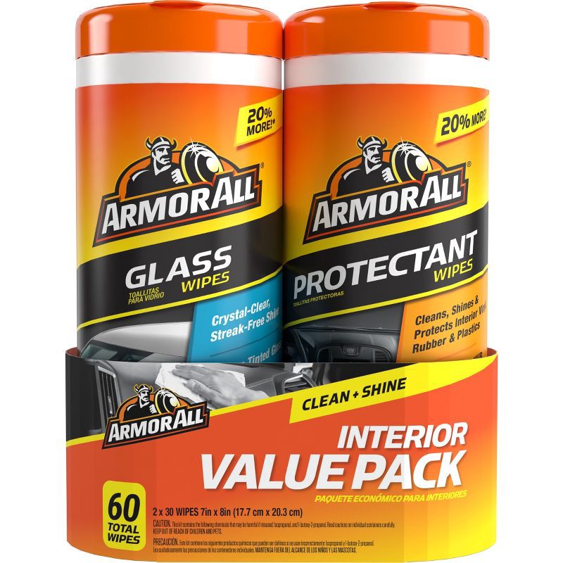 slide 1 of 10, Armor All 2pk 30ct Original Protectant/Glass Wipes Automotive Protector: Car Cleaning Supplies, Non-Abrasive, UV Protection, 2 ct, 30 ct