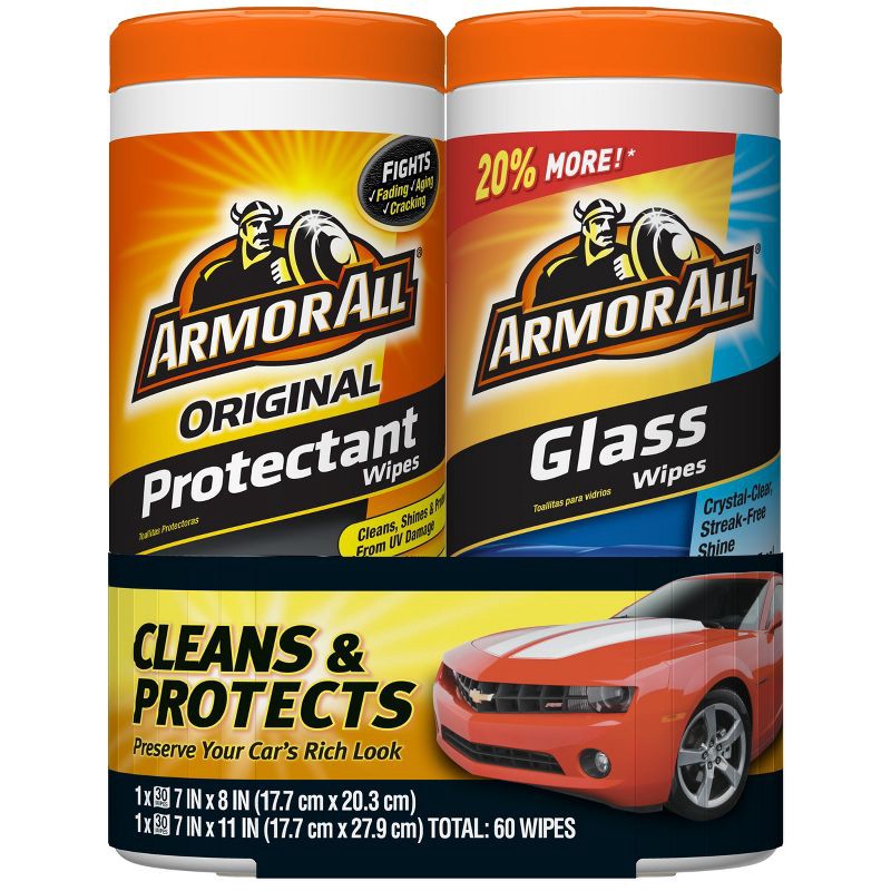 slide 1 of 10, Armor All 2pk 30ct Original Protectant/Glass Wipes Automotive Protector, 2 ct, 30 ct