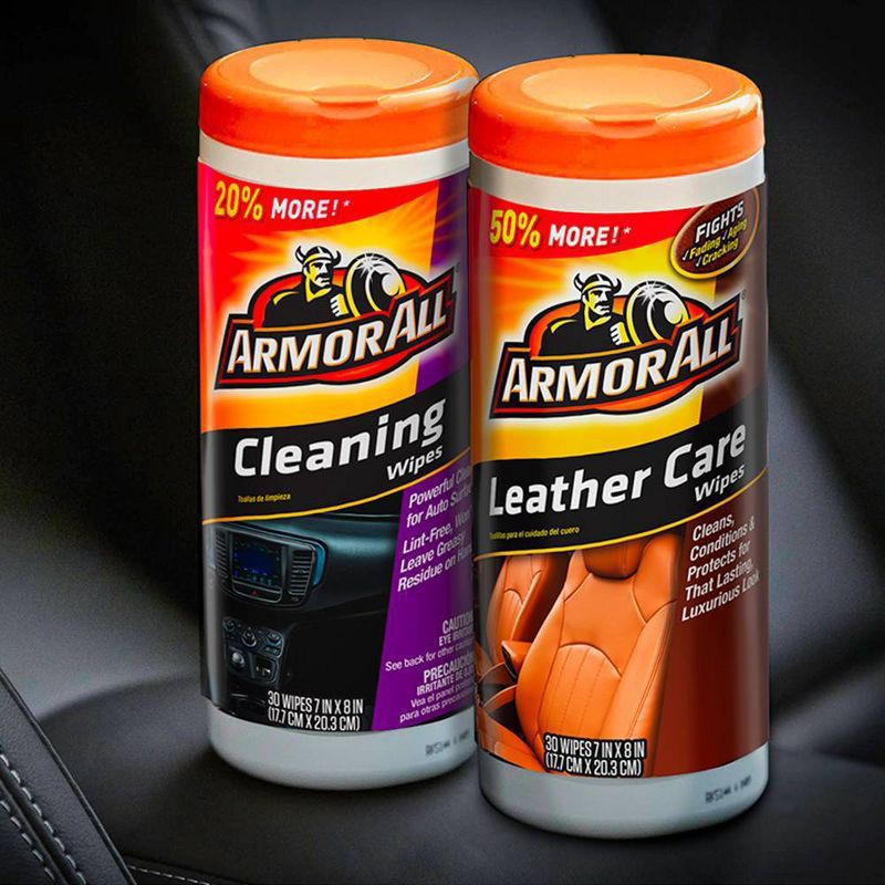 slide 2 of 9, Armor All 2pk 30ct Cleaning/Leather Wipes Automotive Interior Cleaner: Car Cleaning Supplies, Non-Abrasive, Unscented, 2 ct, 30 ct