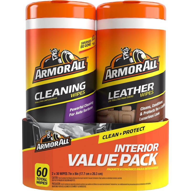 slide 1 of 9, Armor All 2pk 30ct Cleaning/Leather Wipes Automotive Interior Cleaner: Car Cleaning Supplies, Non-Abrasive, Unscented, 2 ct, 30 ct