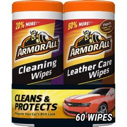 Armor All 2pk 30ct Cleaning/Leather Wipes Automotive Interior Cleaner: Car Cleaning Supplies, Non-Abrasive, Unscented