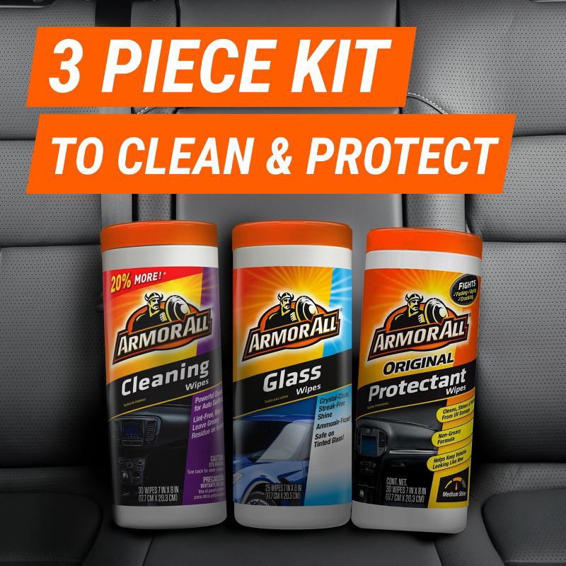 slide 12 of 12, Armor All 3pk 30ct Triple Pack Protectant/Cleaning/Glass Wipes Automotive Interior Cleaner, 3 ct, 30 ct